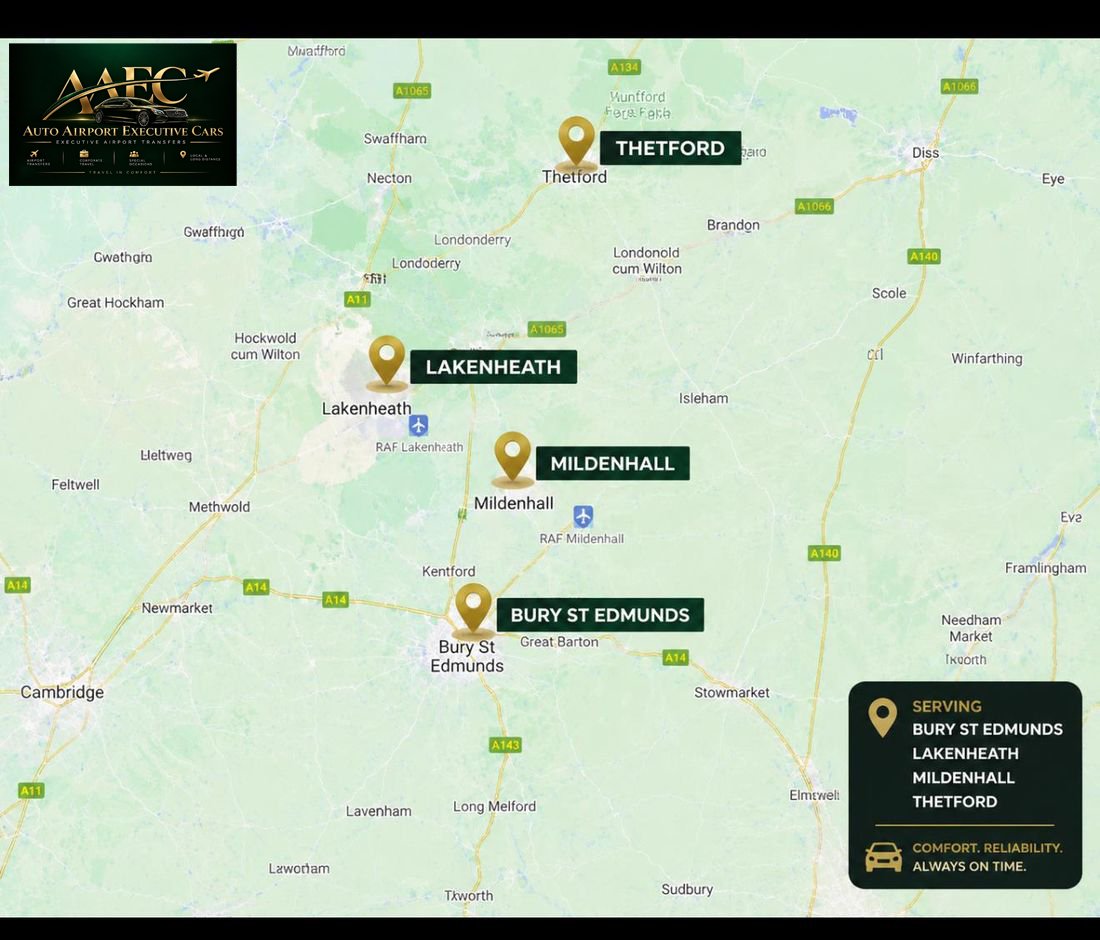 Map of Auto Airport Executive Cars service area covering Bury St Edmunds, Lakenheath, Mildenhall and Thetford